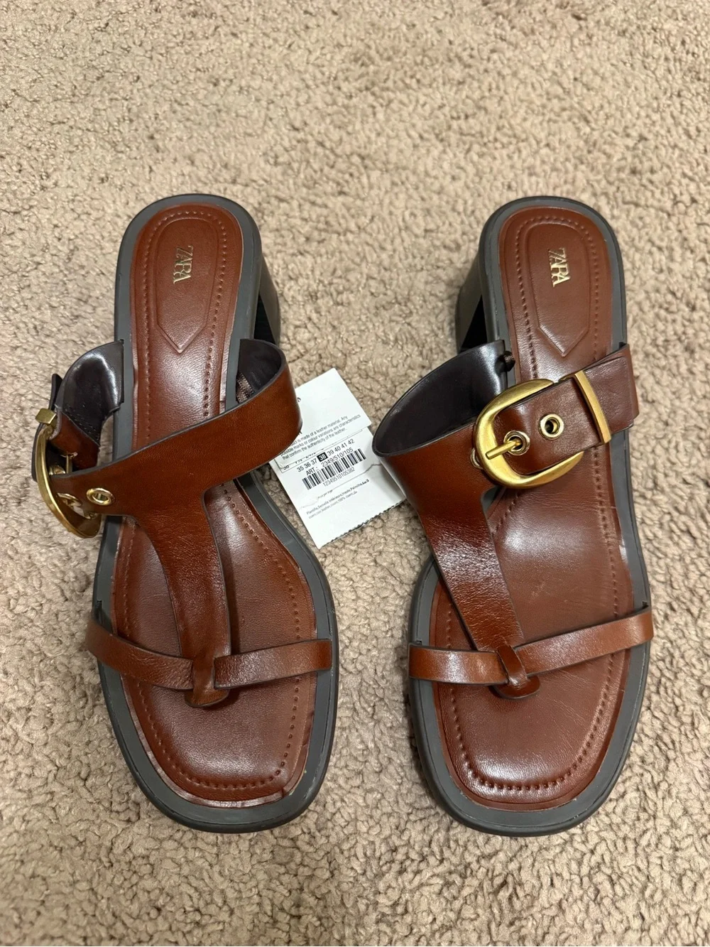 Zara Brown Leather Toe-Ring Slide Sandals with Gold Buckle - Picture 4 of 5